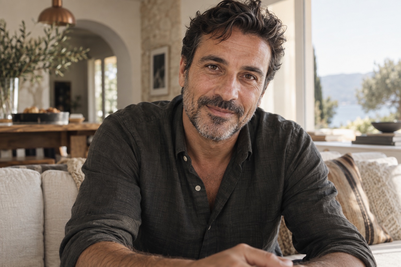 Ένας πατέρας κοιτάζει τον φακό, σαν να μιλά στον γιο του.
